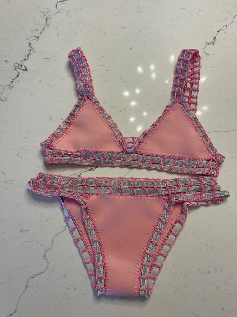 Pink Crochet-Trim Bikini Set